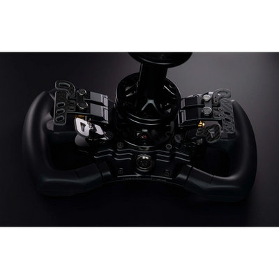 BavarianSimTec Alpha sim racing wheel with ergonomic silicone grips and magnetic paddle shifters, crafted from 6061-aluminium.