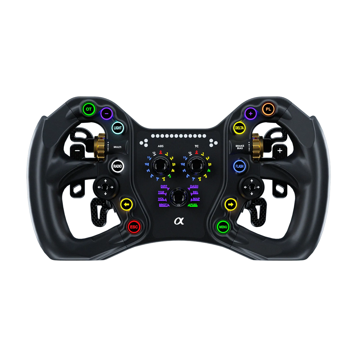 BavarianSimTec Alpha 295mm wheel with CNC-machined 6061-aluminium and ergonomic silicone grips for sim racers.