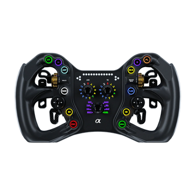 BavarianSimTec Alpha 295mm wheel with CNC-machined 6061-aluminium and ergonomic silicone grips for sim racers.