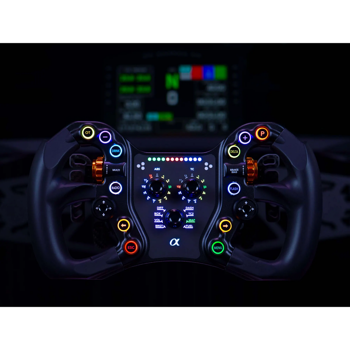 BavarianSimTec Alpha, ergonomic 6061-aluminium wheel with anti-static grips for sim racing, displaying illuminated controls on the dashboard.