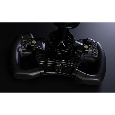 BavarianSimTec Alpha CNC-machined 6061-aluminium wheel with ergonomic silicone grips and magnetic paddle shifters for sim racing.