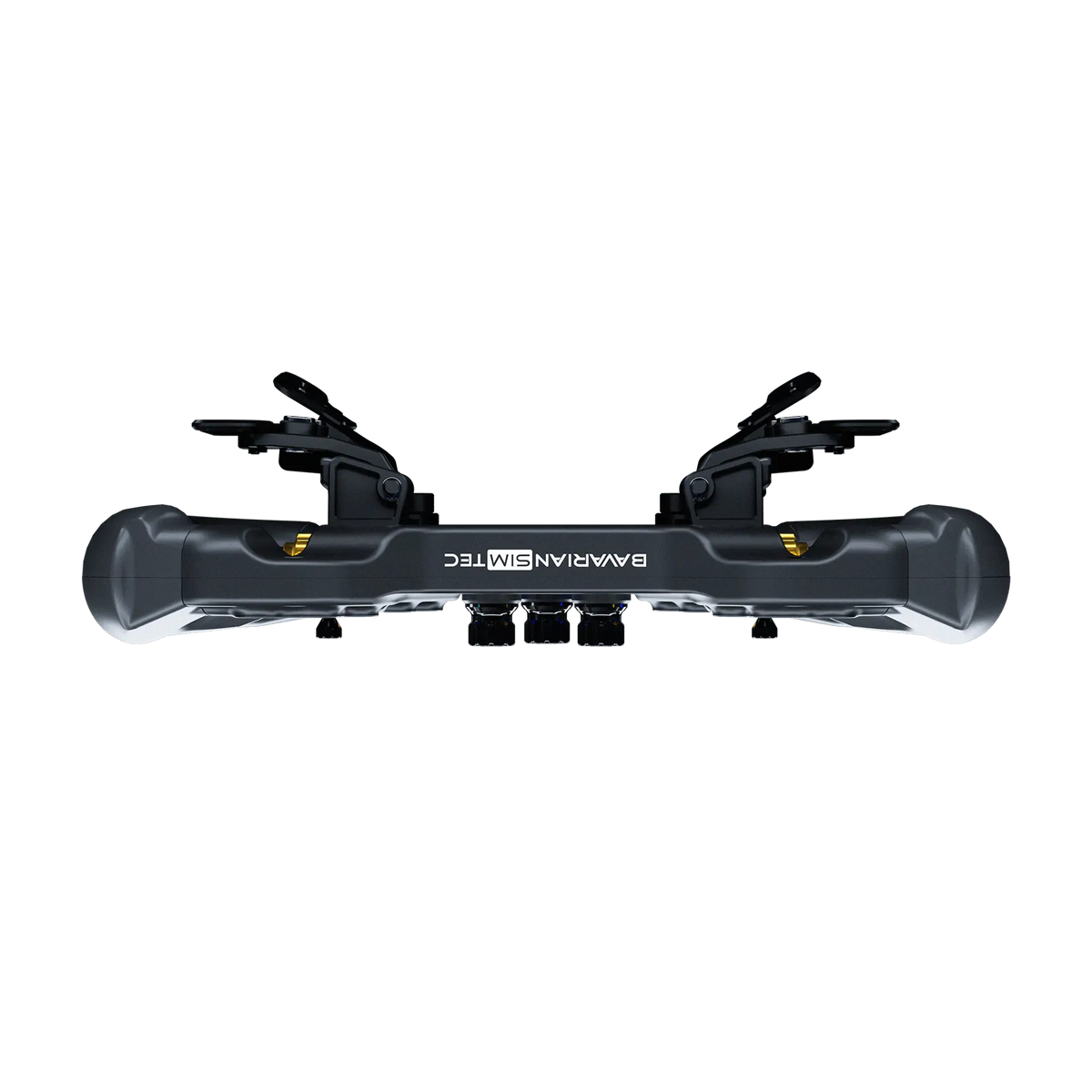 BavarianSimTec Alpha sim racing wheel with ergonomic silicone grips and magnetic paddle shifters shown from the rear view.