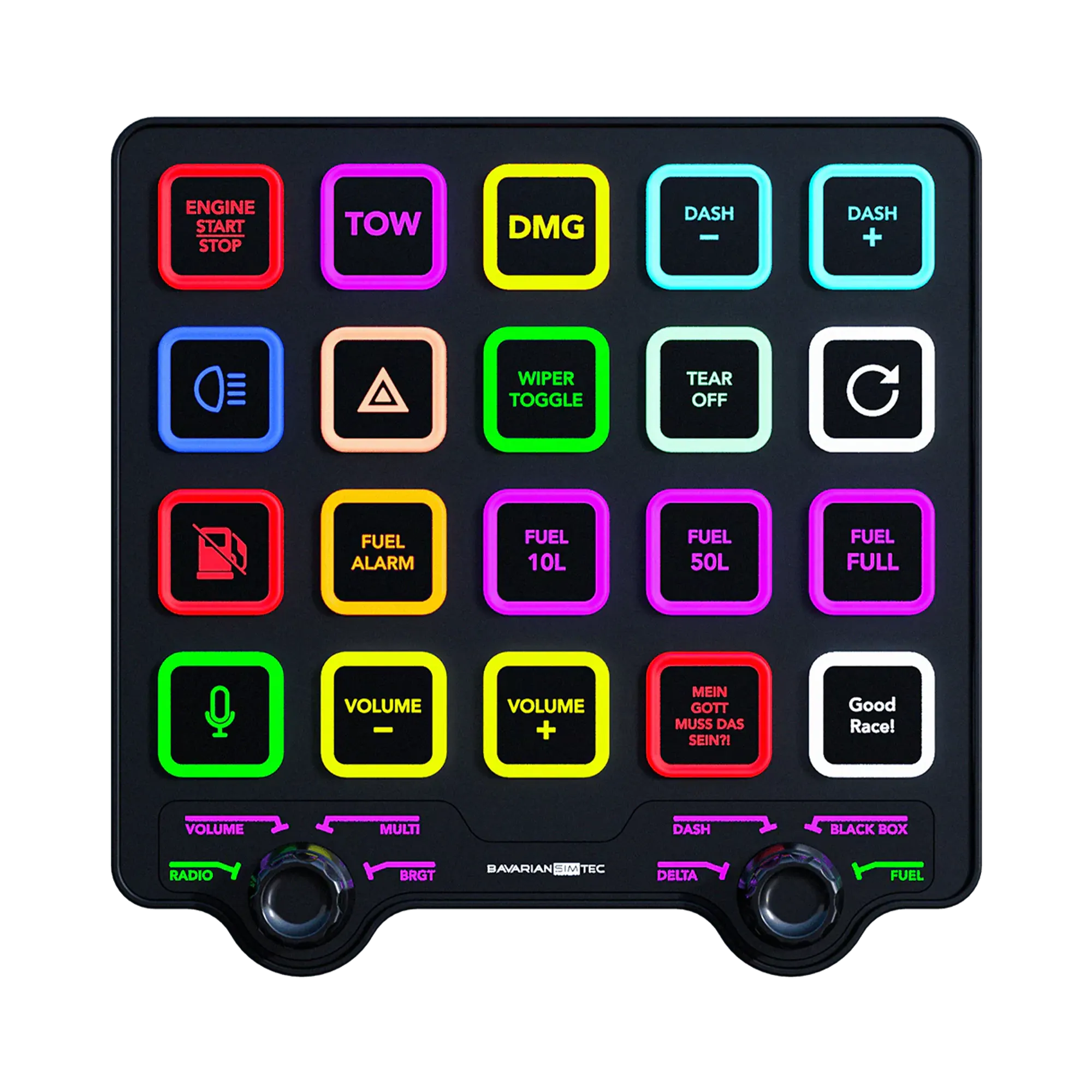BavarianSimTec Control Center with CNC machined aluminium, multifunction encoder, and backlit tactile pushbuttons for SimHub compatibility.