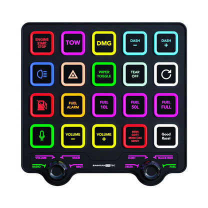 BavarianSimTec Control Center with CNC machined aluminium, multifunction encoder, and backlit tactile pushbuttons for SimHub compatibility.