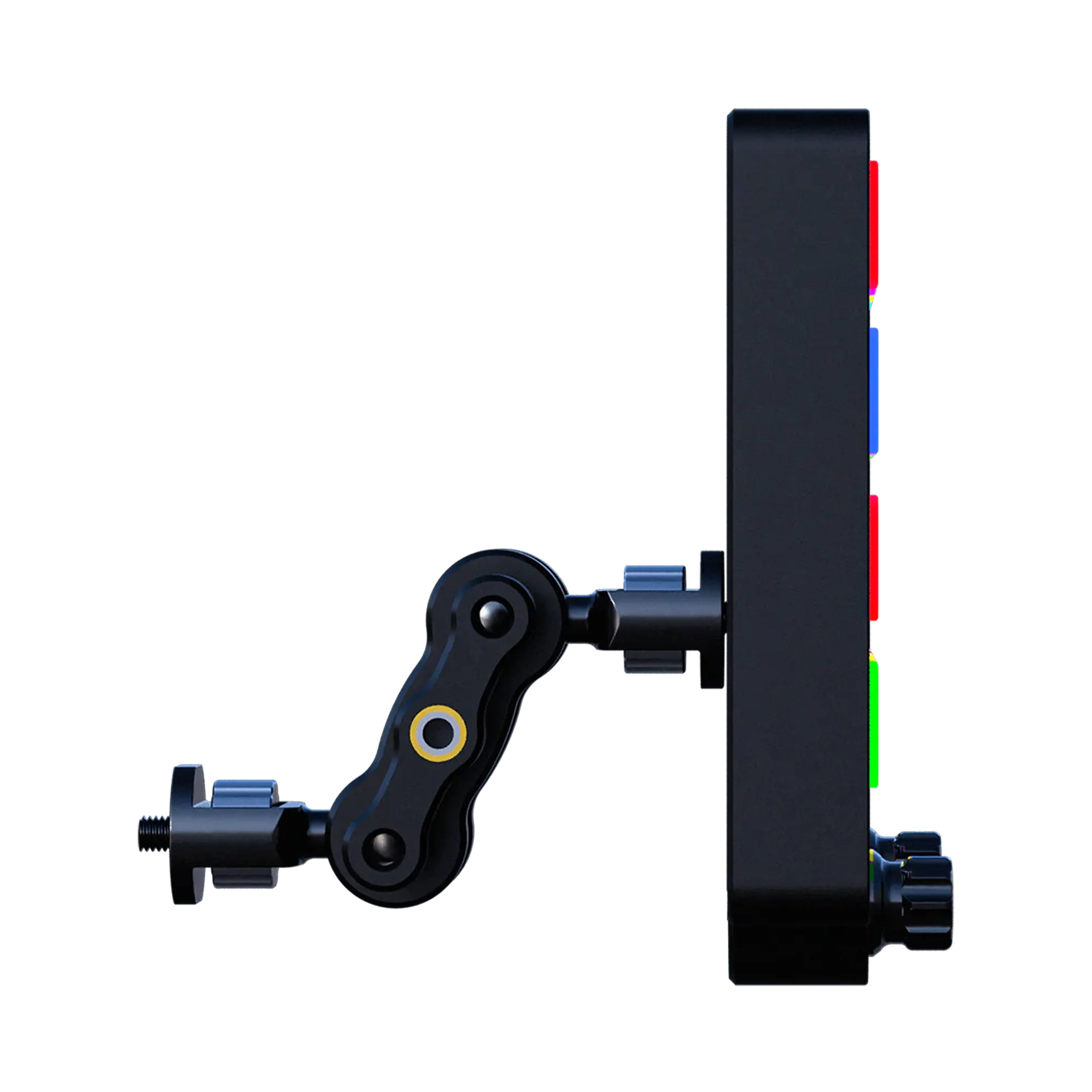 BavarianSimTec Control Center with Magic Arm, CNC machined 6061 aluminium, backlit pushbuttons, multifunction encoder, USB-C ports.