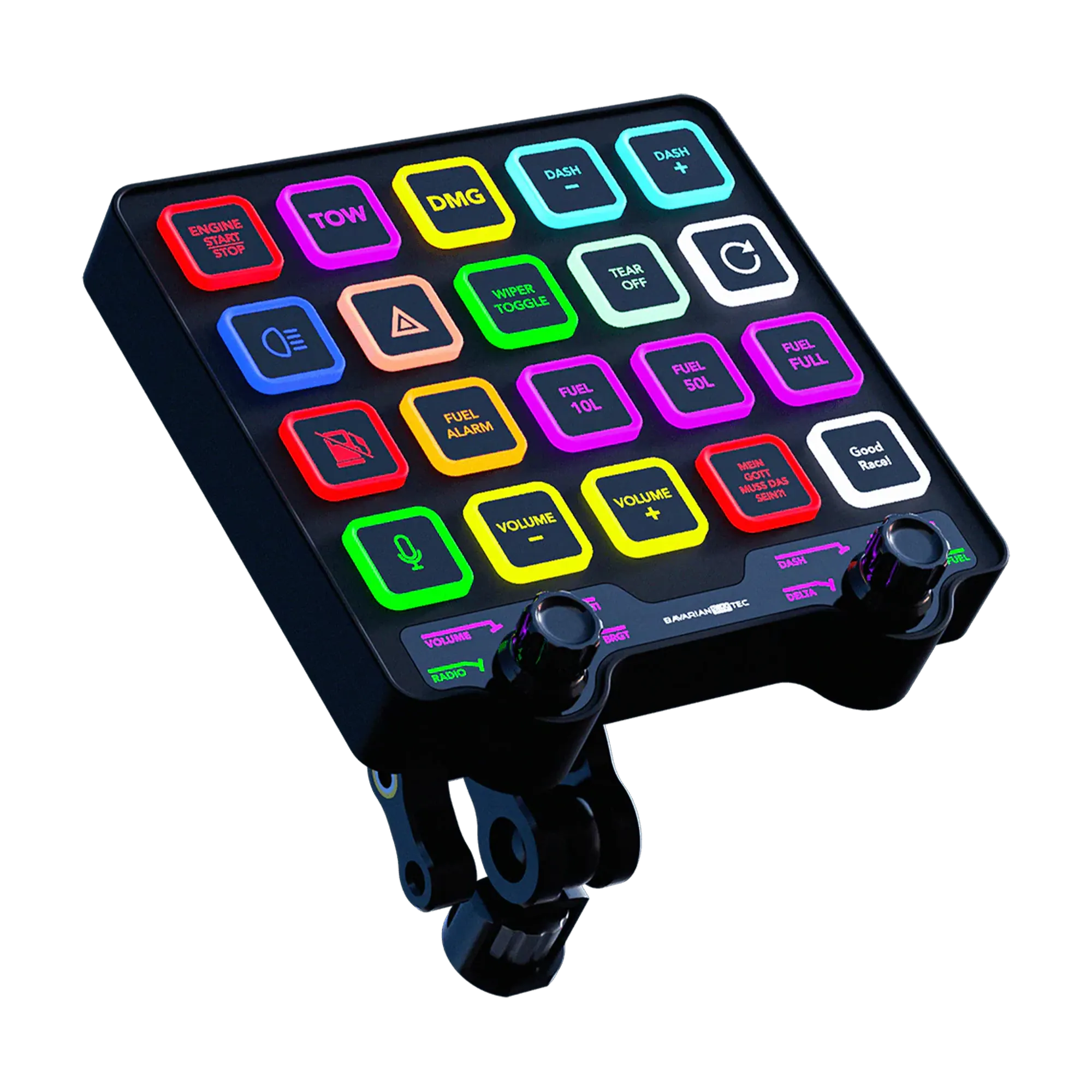 BavarianSimTec Control Center with CNC machined aluminum, backlit buttons, multifunction encoder, and USB-C ports.