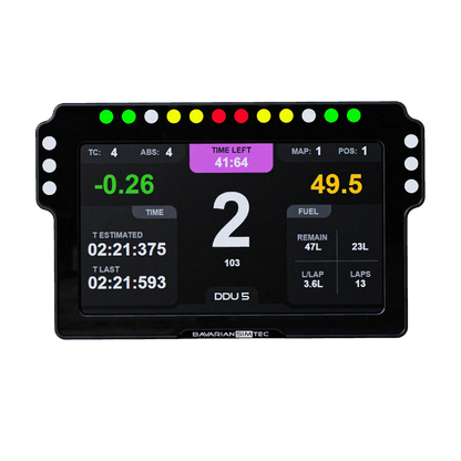 BavarianSimTec DDU5 dashboard for sim racing with customizable RGB indicators and 5-inch display, featuring CNC aluminum housing.