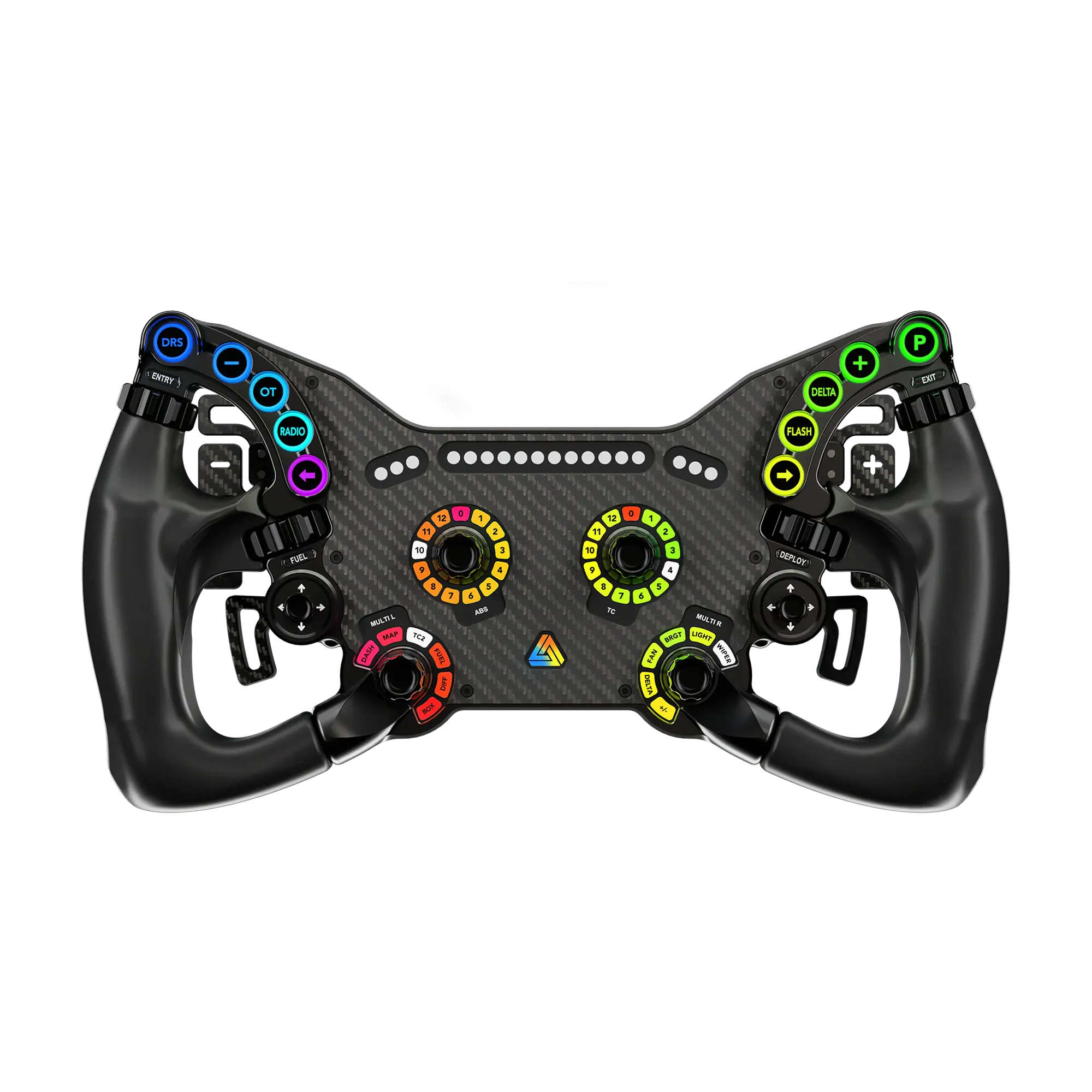 Volanul BavarianSimTec Delta Pulse cu design ergonomic și butoane ușor accesibile, creat special pentru pasionații de sim racing.