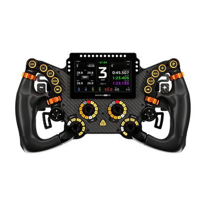 Volanul de curse BavarianSimTec Delta Pro SC cu touchscreen, evidențiind funcții precum Simucube Link Quick Release și conectivitate wireless fără întreruperi.