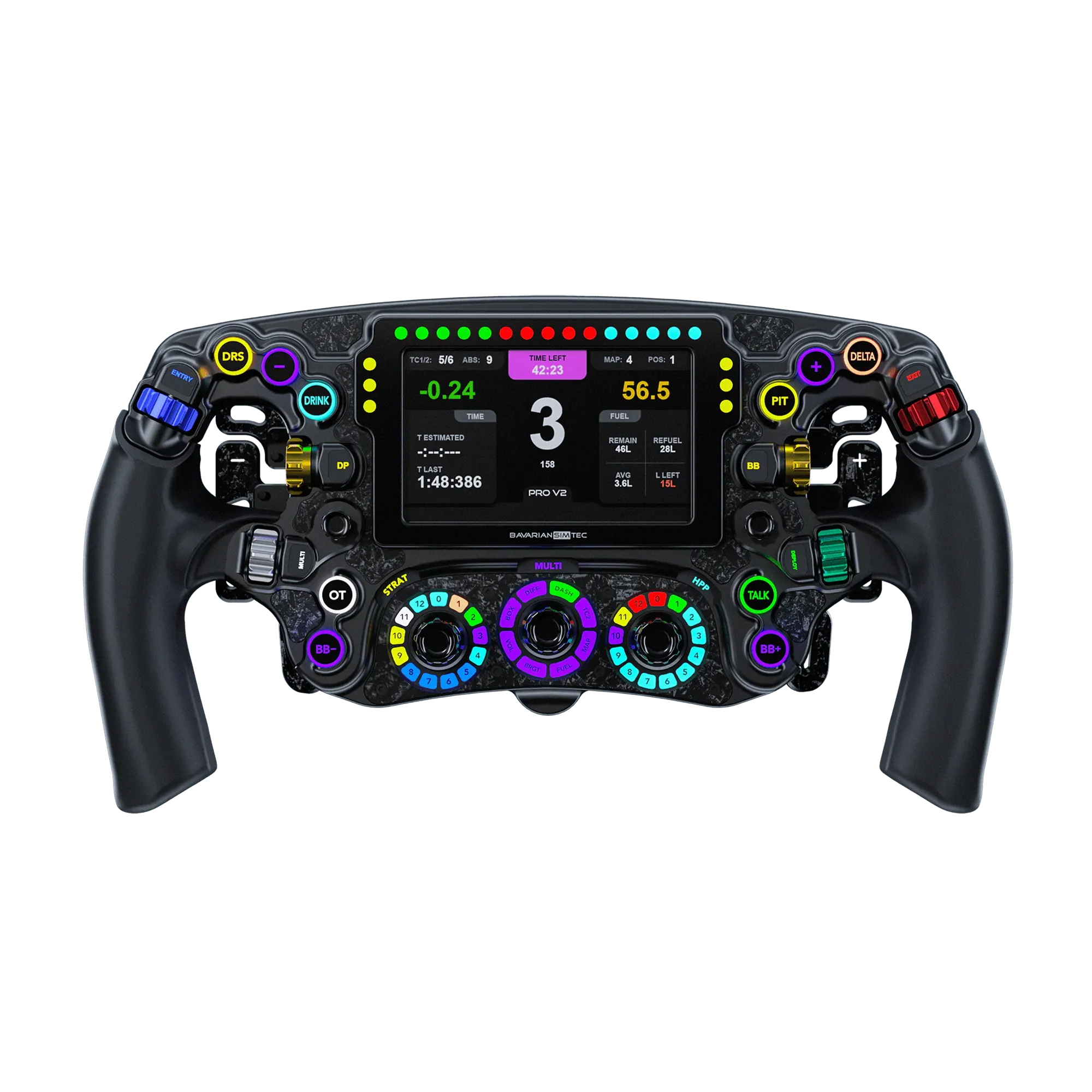 BavarianSimTec OmegaPRO v2 steering wheel with LCD, CNC-machined aluminium, dual-clutch paddles, silicone grips, buttons, and LED telemetry.