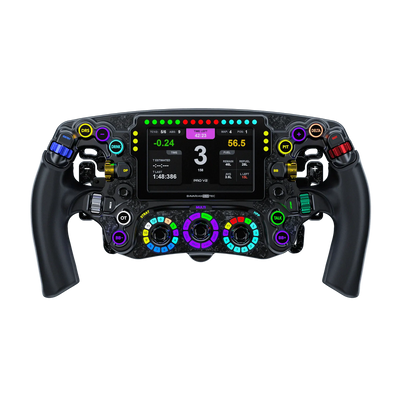 BavarianSimTec OmegaPRO v2 steering wheel with LCD, CNC-machined aluminium, dual-clutch paddles, silicone grips, buttons, and LED telemetry.