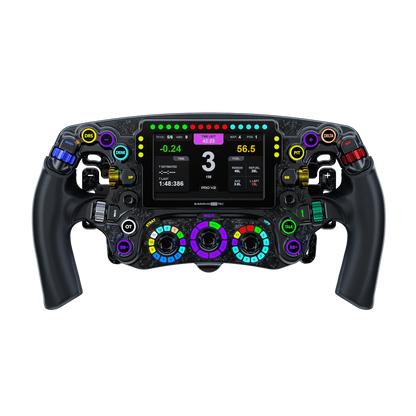 BavarianSimTec OmegaPRO v2 steering wheel with LCD, CNC-machined aluminium, dual-clutch paddles, silicone grips, buttons, and LED telemetry.
