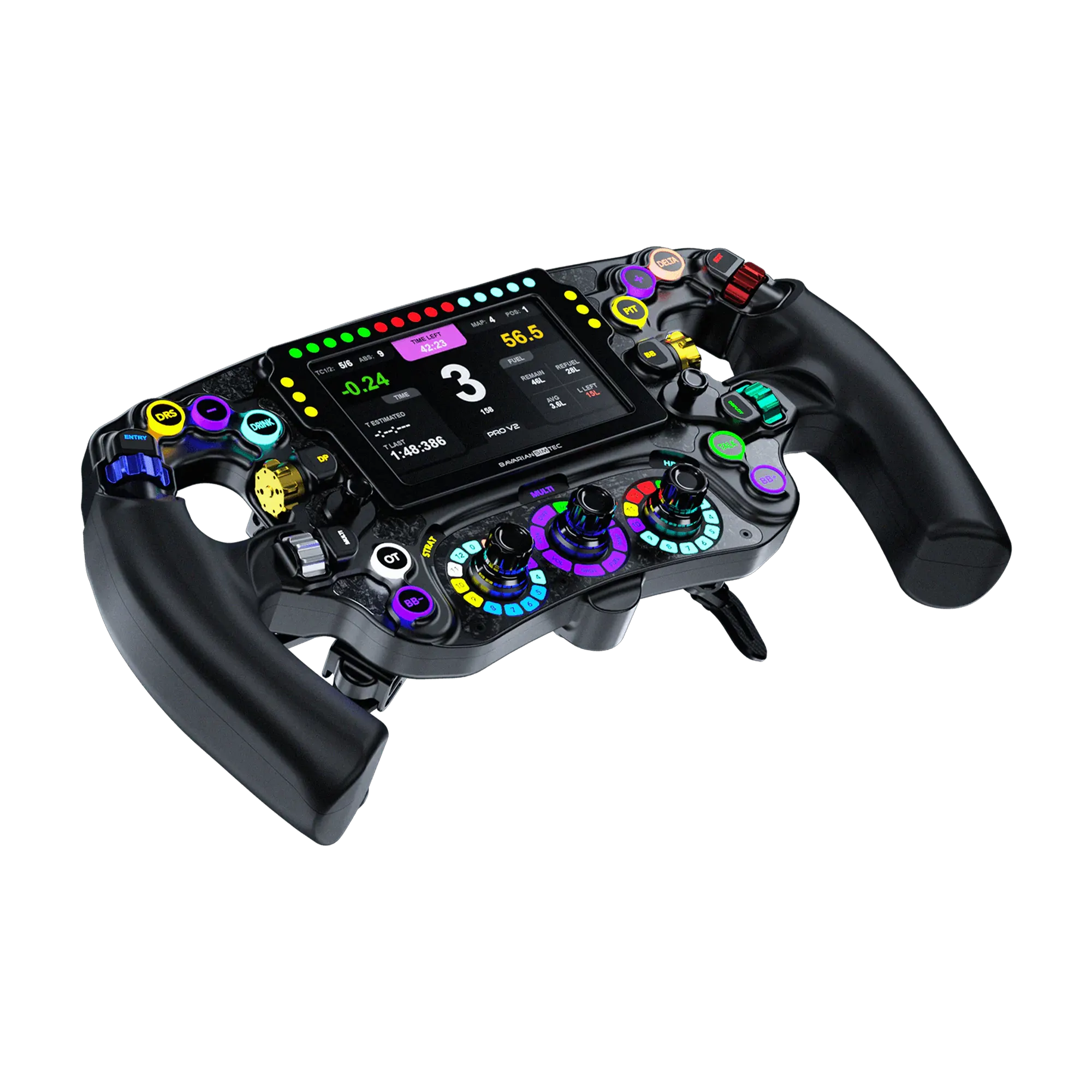 BavarianSimTec OmegaPRO v2 premium steering wheel with LCD screen, aluminum build, dual-clutch paddles, and LED telemetry for sim racing.