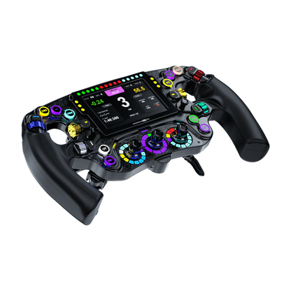 BavarianSimTec OmegaPRO v2 premium steering wheel with LCD screen, aluminum build, dual-clutch paddles, and LED telemetry for sim racing.