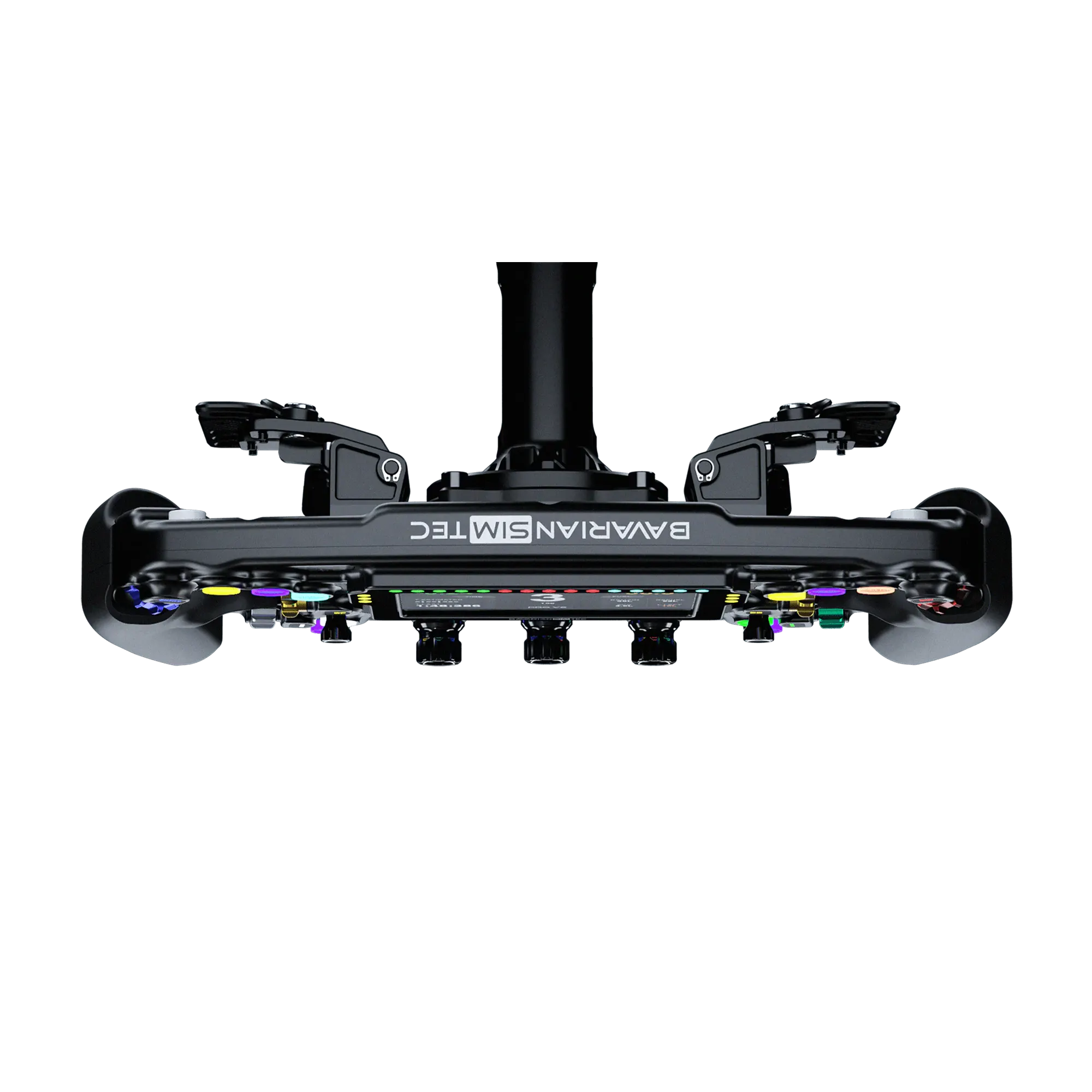 BavarianSimTec OmegaPRO v2 premium 300 mm steering wheel with LCD screen, CNC-machined aluminum, dual clutch paddles, for sim racers.