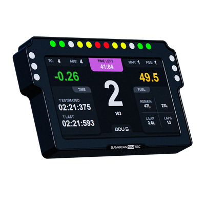 BavarianSimTec DDU5 sim racing dashboard with RGB indicators and CNC aluminum housing, perfect for professional cockpit setups.