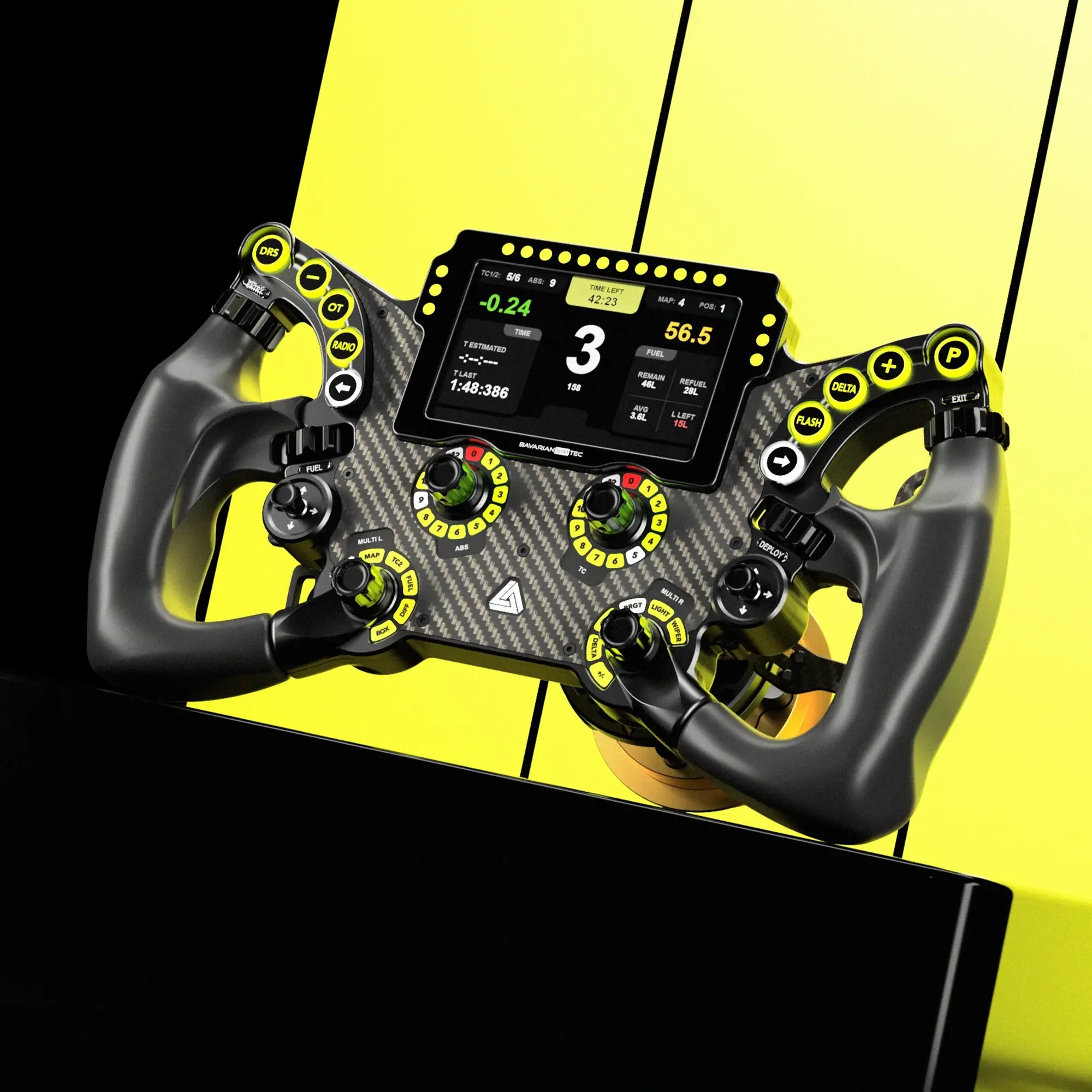 BavarianSimTec Delta PRO sim racing wheel with ergonomic silicone grips and customizable controls on a yellow background.