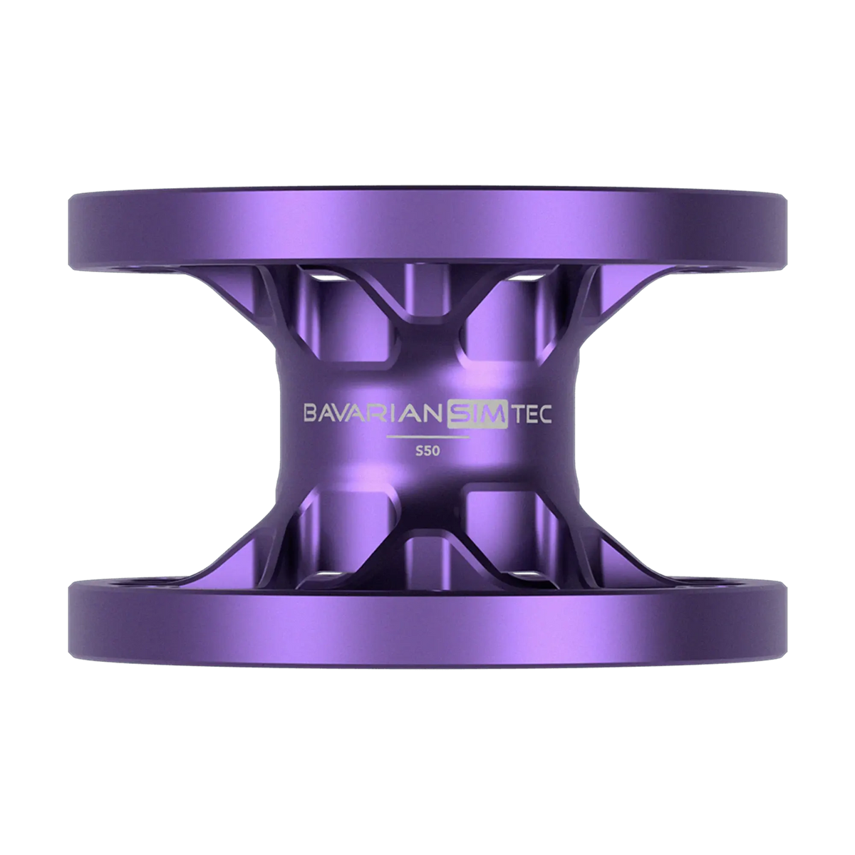 BavarianSimTec Spacer en violet, mettant en avant le perçage 70 mm et les trous filetés pour la connexion volant et base.