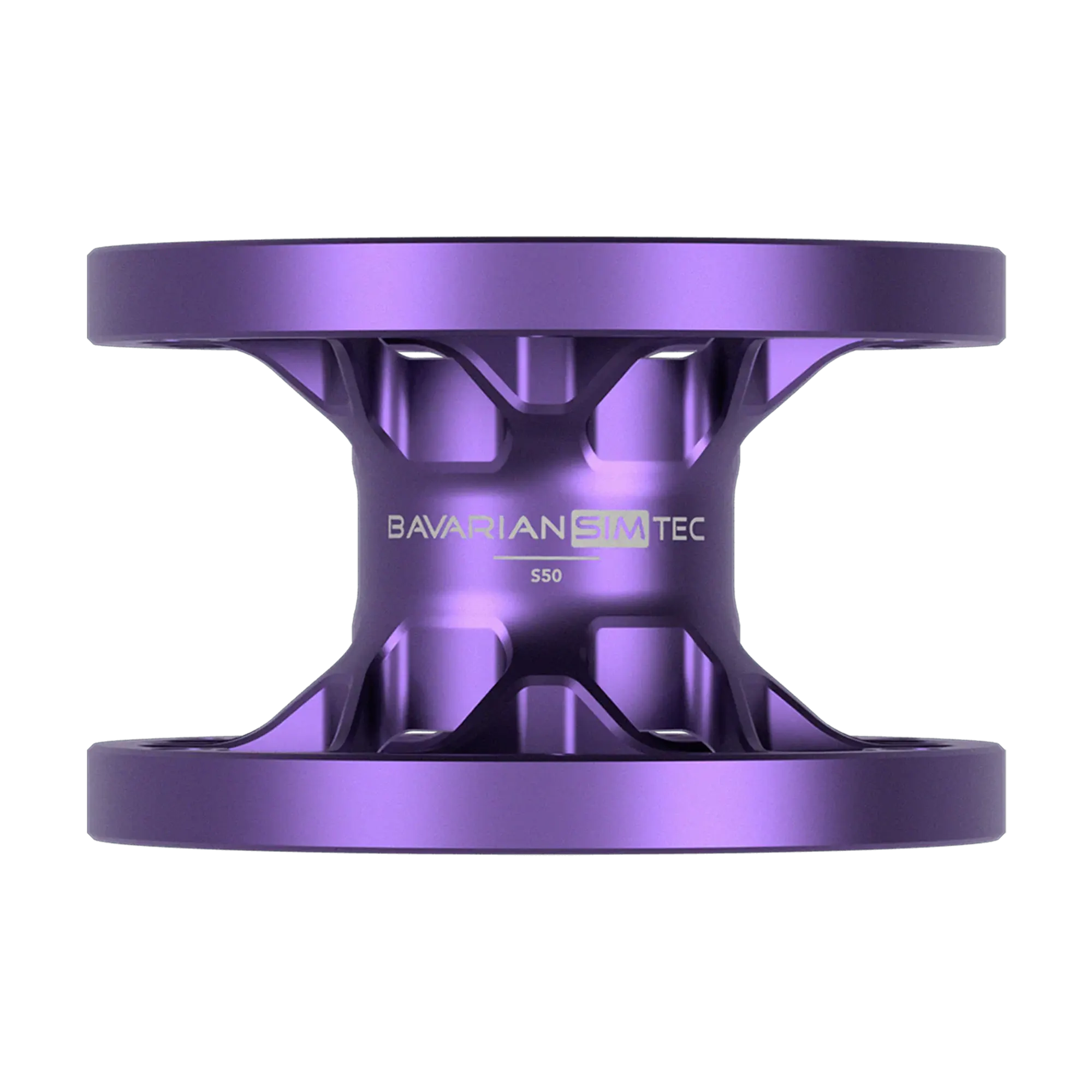 BavarianSimTec Spacer in purple, showcasing 70mm bolt pattern and threaded holes for steering wheel and wheelbase connection.