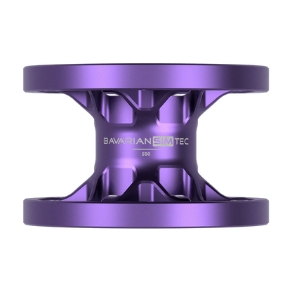 BavarianSimTec Spacer in purple, showcasing 70mm bolt pattern and threaded holes for steering wheel and wheelbase connection.