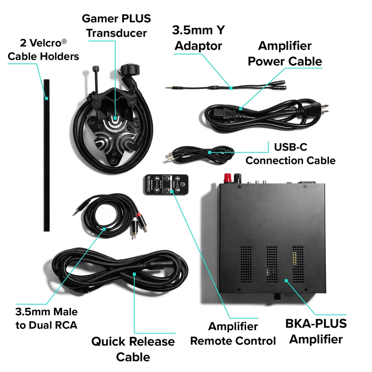 Onderdelen van de ButtKicker Gamer Plus waaronder transducer, versterker, kabels en accessoires voor een ultieme game-ervaring.