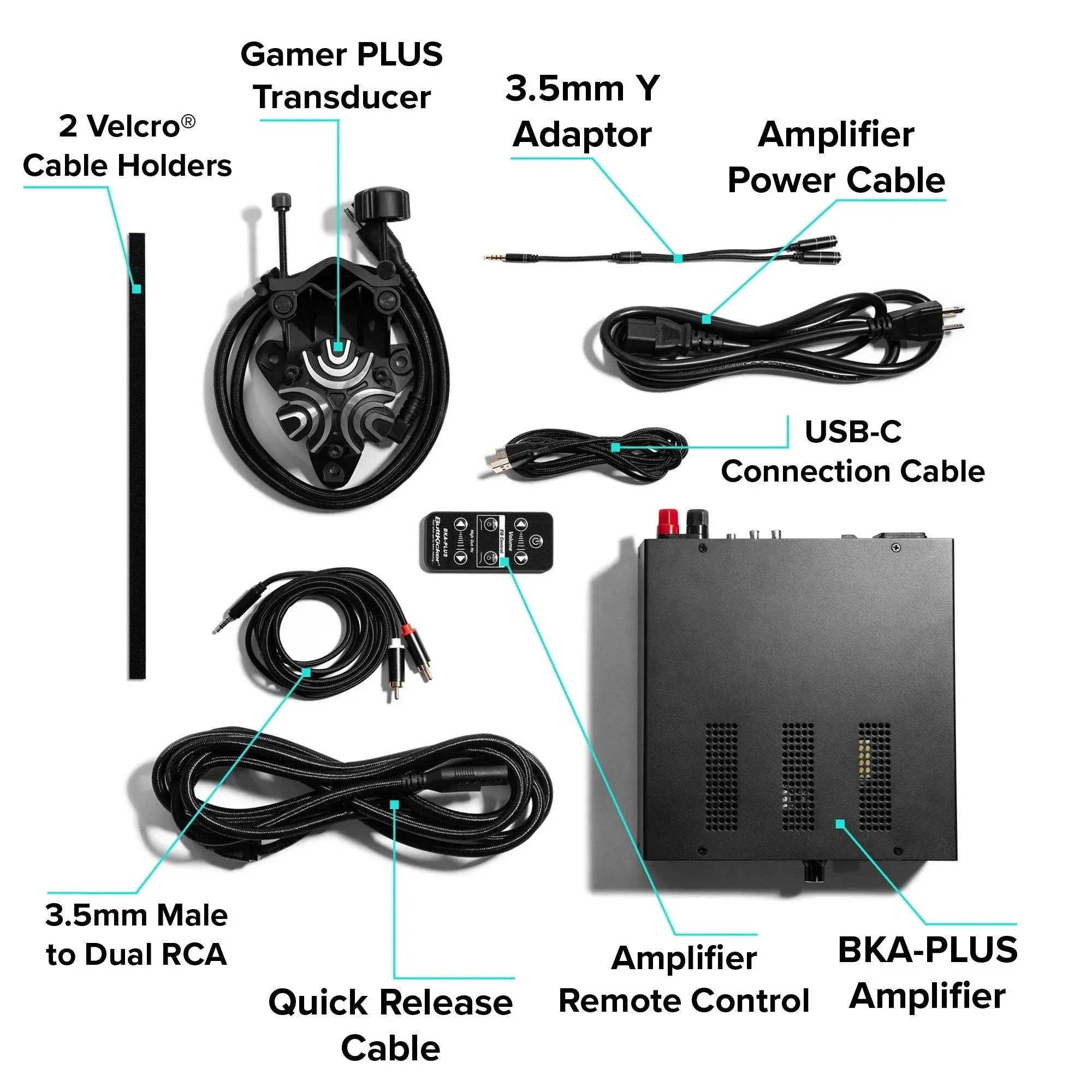 Components of ButtKicker Gamer Plus including transducer, amplifier, cables, and accessories for enhanced gaming experience.