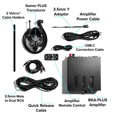 Components of ButtKicker Gamer Plus including transducer, amplifier, cables, and accessories for enhanced gaming experience.