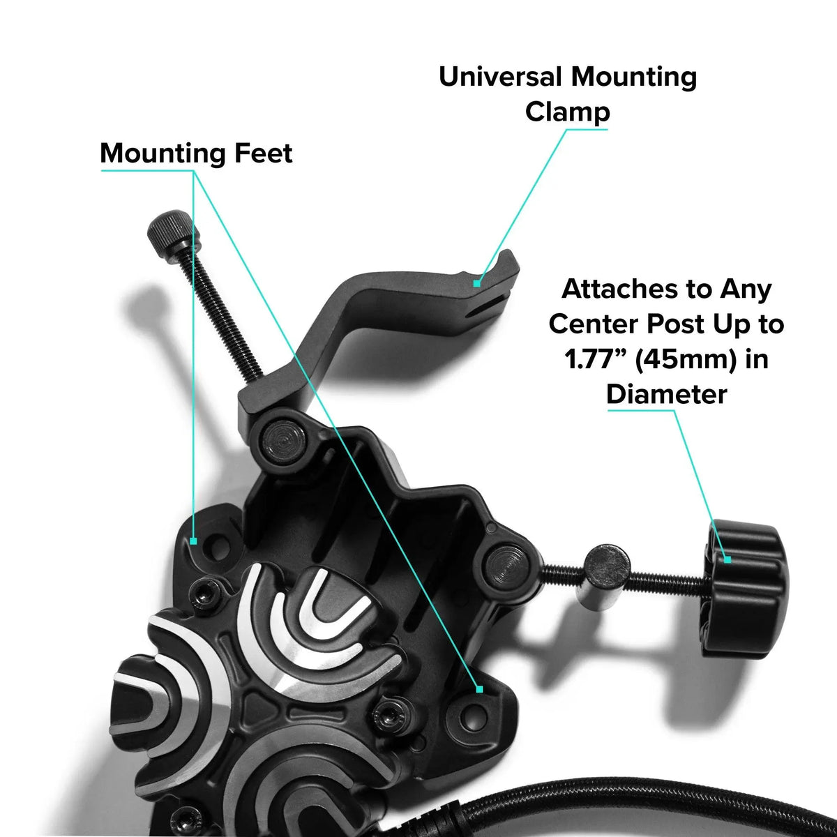 ButtKicker Gamer Plus universele montageklem en voeten in detail, geschikt voor buizen tot 45mm diameter.