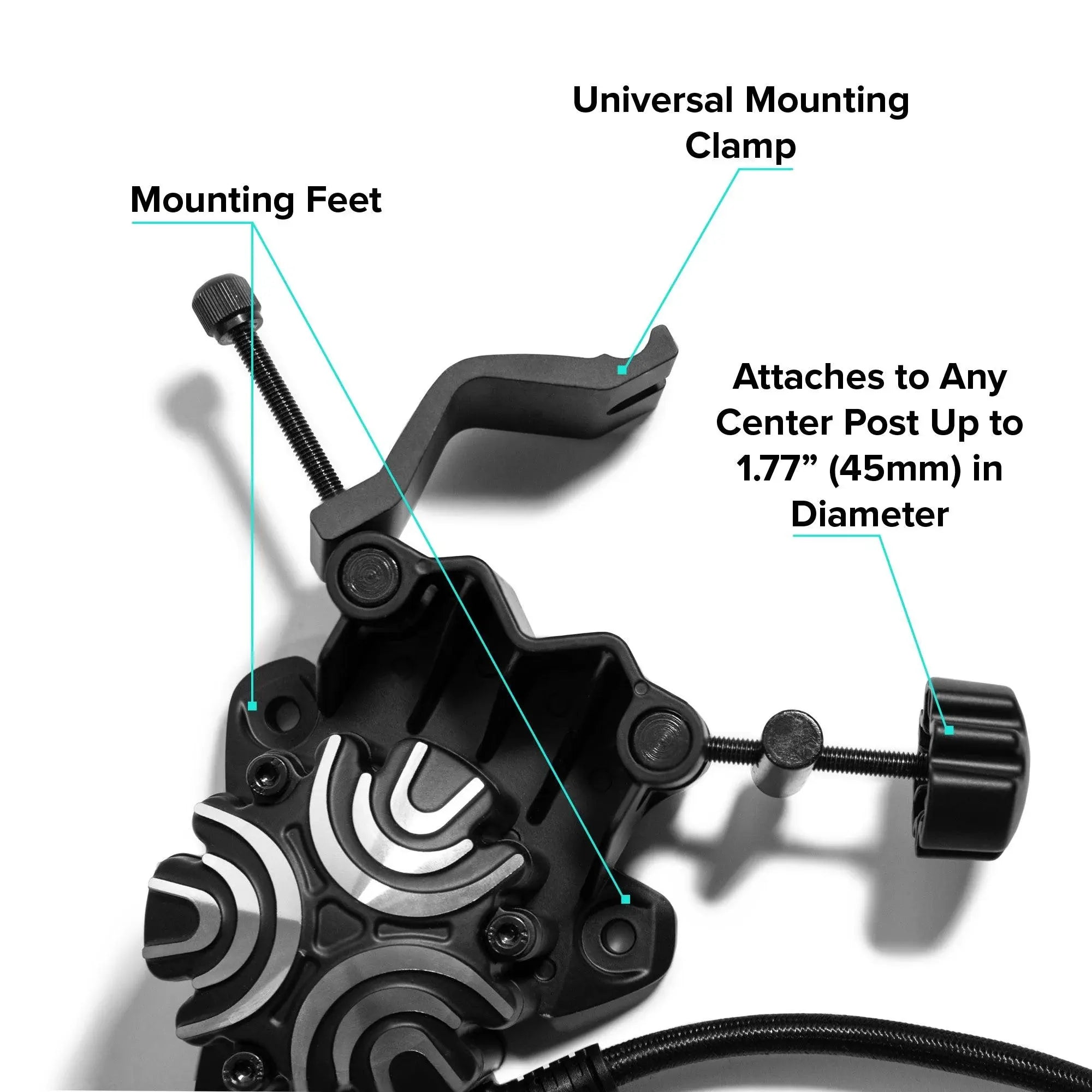 ButtKicker Gamer Plus universal mounting clamp and feet detail, fits posts up to 45mm diameter