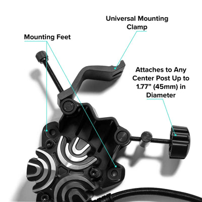 ButtKicker Gamer Plus universal mounting clamp and feet detail, fits posts up to 45mm diameter