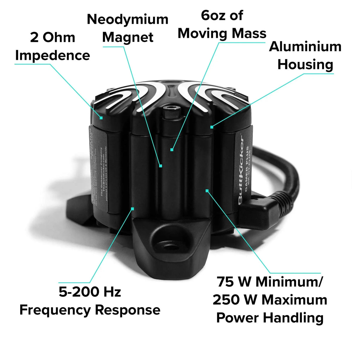 Productafbeelding van de ButtKicker Gamer Plus met eigenschappen zoals 2 Ohm impedantie, neodymium magneet, aluminium behuizing en een frequentiebereik van 5-200 Hz.