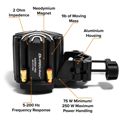 ButtKicker Gamer PRO haptic feedback system with amplifier and clamp, featuring 2 Ohm impedance and 5-200 Hz frequency response.