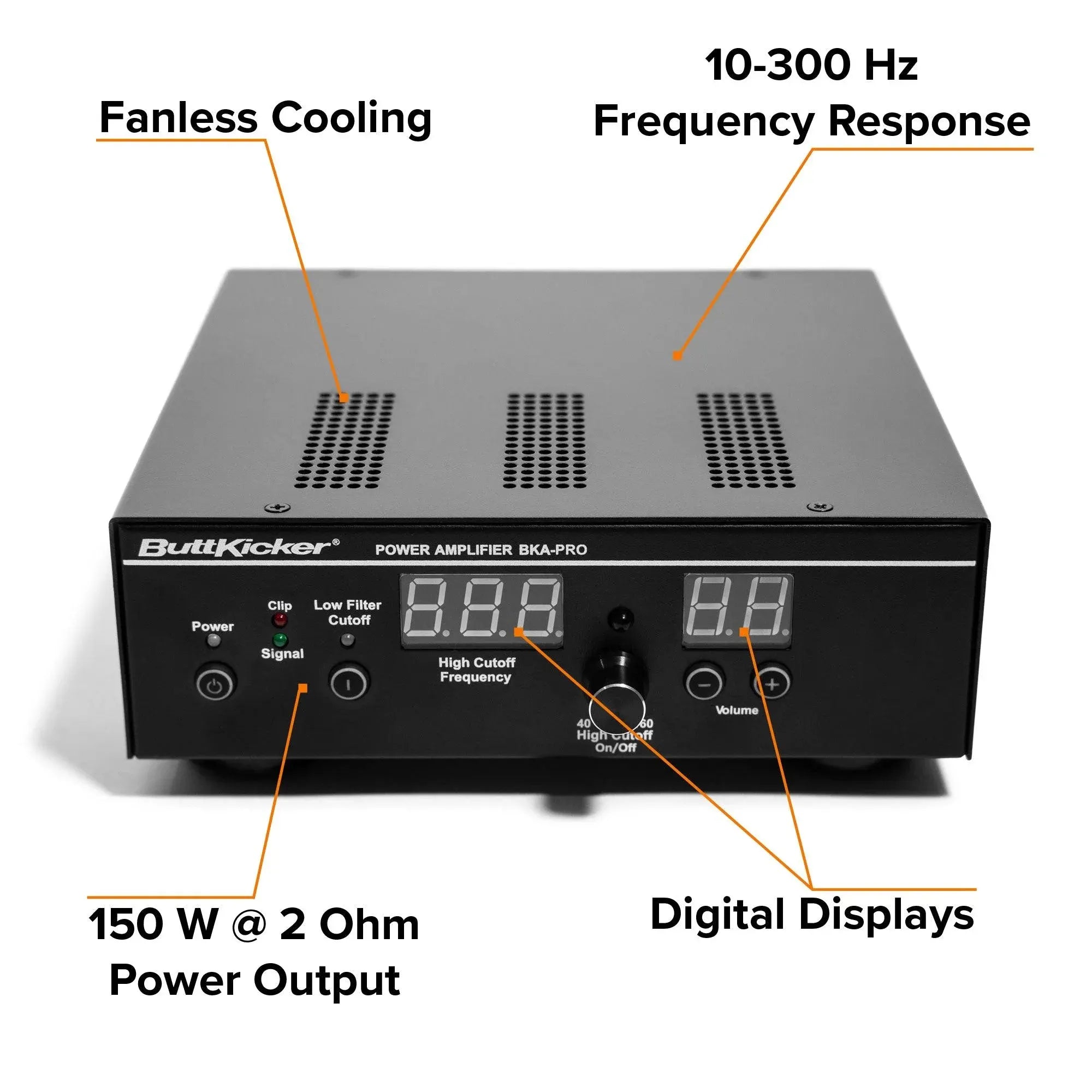 ButtKicker Gamer PRO amplifier with fanless cooling, digital displays, 150W power output, and 10-300 Hz frequency response.