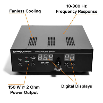 ButtKicker Gamer PRO amplifier with fanless cooling, digital displays, 150W power output, and 10-300 Hz frequency response.