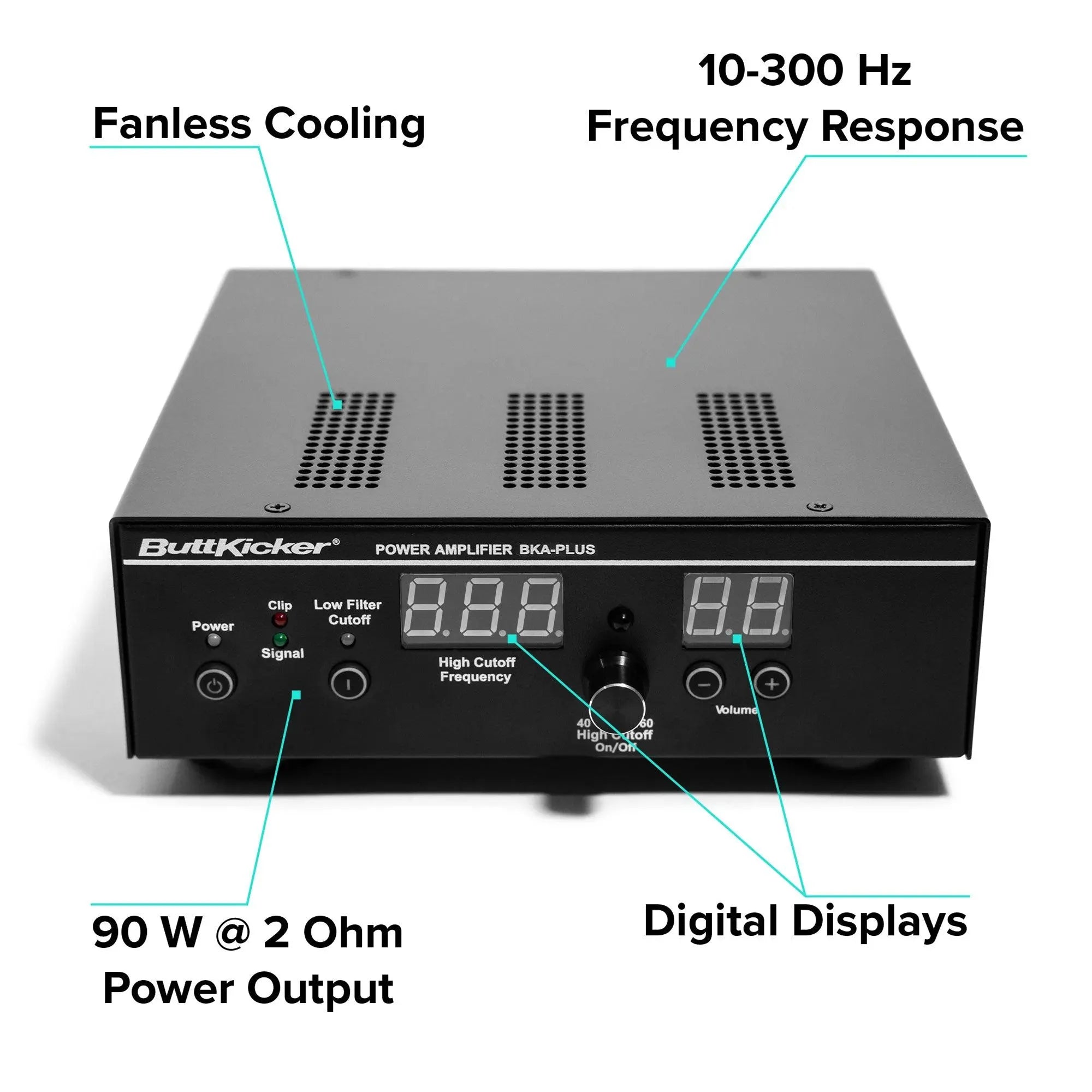 ButtKicker Gamer Plus power amplifier with fanless cooling, 10-300 Hz frequency response, 90W @ 2 Ohm, and digital displays.