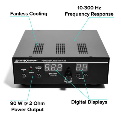 ButtKicker Gamer Plus power amplifier with fanless cooling, 10-300 Hz frequency response, 90W @ 2 Ohm, and digital displays.