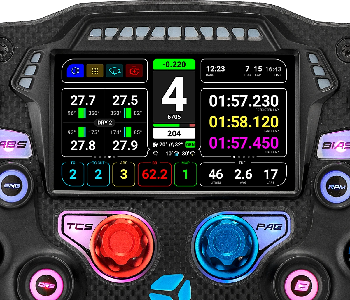 Digital racing car dashboard displaying speed, lap time, and RPM with colorful buttons and carbon fiber finish.