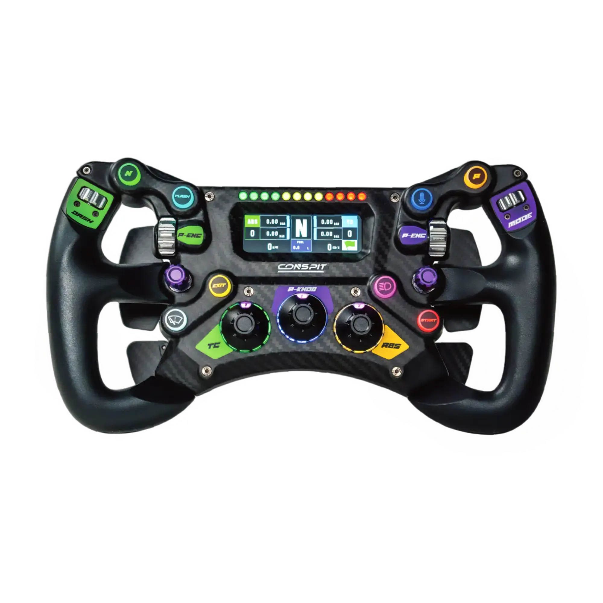Conspit 300 GT racing wheel with display and magnetic shifters for sim racing, featuring RGB lighting and EnduroGrips.