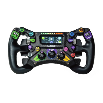 Conspit 300 GT racing wheel with display and magnetic shifters for sim racing, featuring RGB lighting and EnduroGrips.