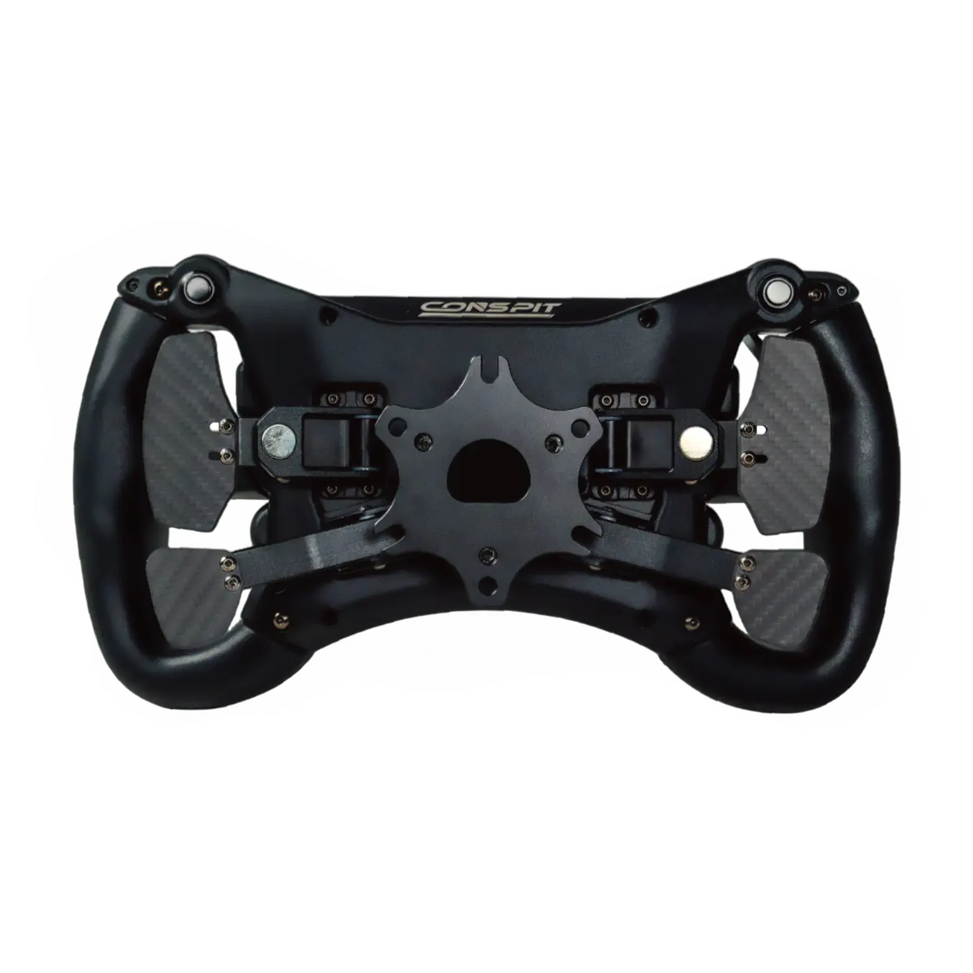 Conspit 300 GT sim racing wheel with carbon fiber structure and magnetic shifters, 300mm diameter, designed for GT and formula racing.