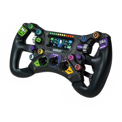 Conspit 300 GT racing wheel with carbon fiber build, 300mm diameter, RGB lighting, display, and magnetic shifters for sim racing.