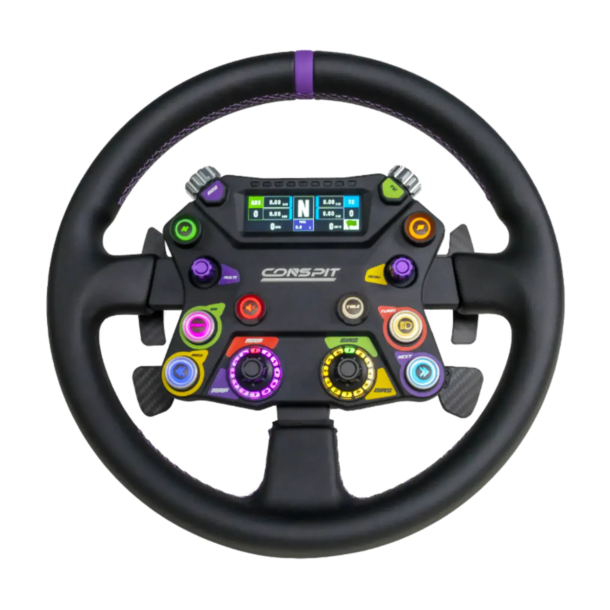 Conspit 310 APEX (CDR) racing wheel with LCD and customizable LEDs for SimHub integration, featuring magnetic shifters and dual clutch.