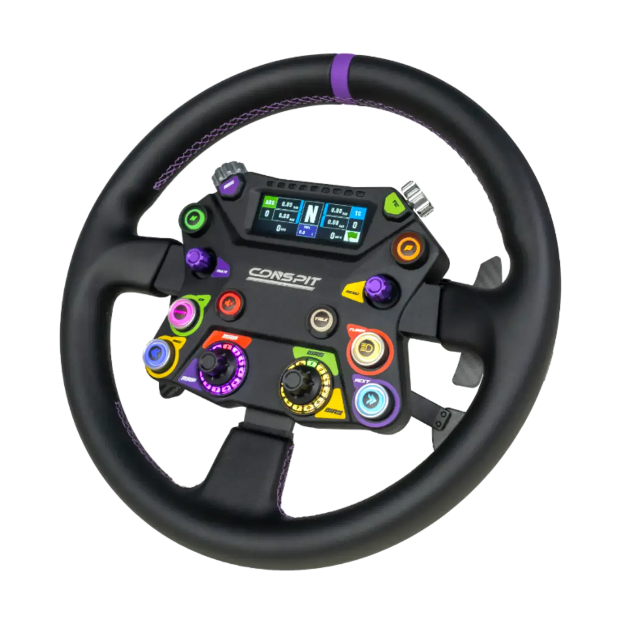Celokovový závodní volant Conspit 310 APEX (CDR) s LCD telemetrií a 41 LED, nabízející 104 přemapovatelných vstupů pro integraci se SimHubem.