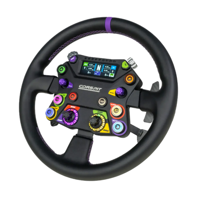 Celokovový závodní volant Conspit 310 APEX (CDR) s LCD telemetrií a 41 LED, nabízející 104 přemapovatelných vstupů pro integraci se SimHubem.