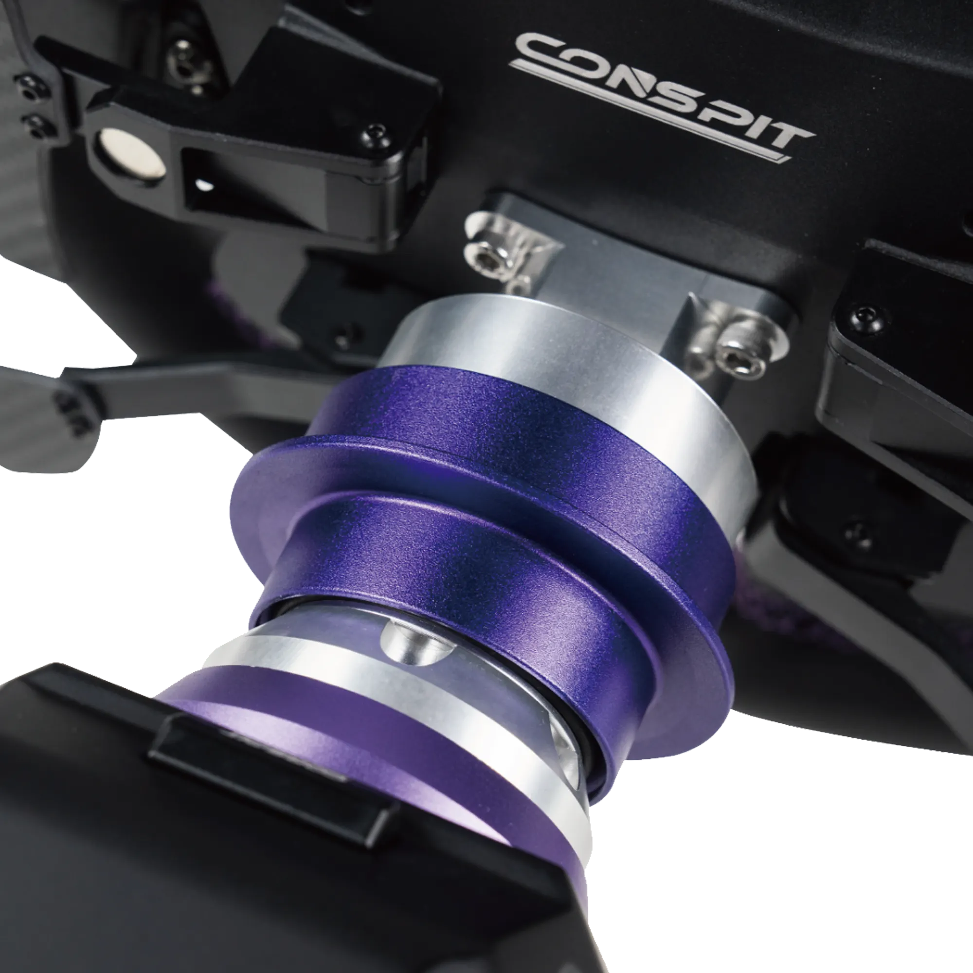 Nahaufnahme des an der Lenkradbasis befestigten Conspit CDR Quick Release für einen sicheren Sitz.