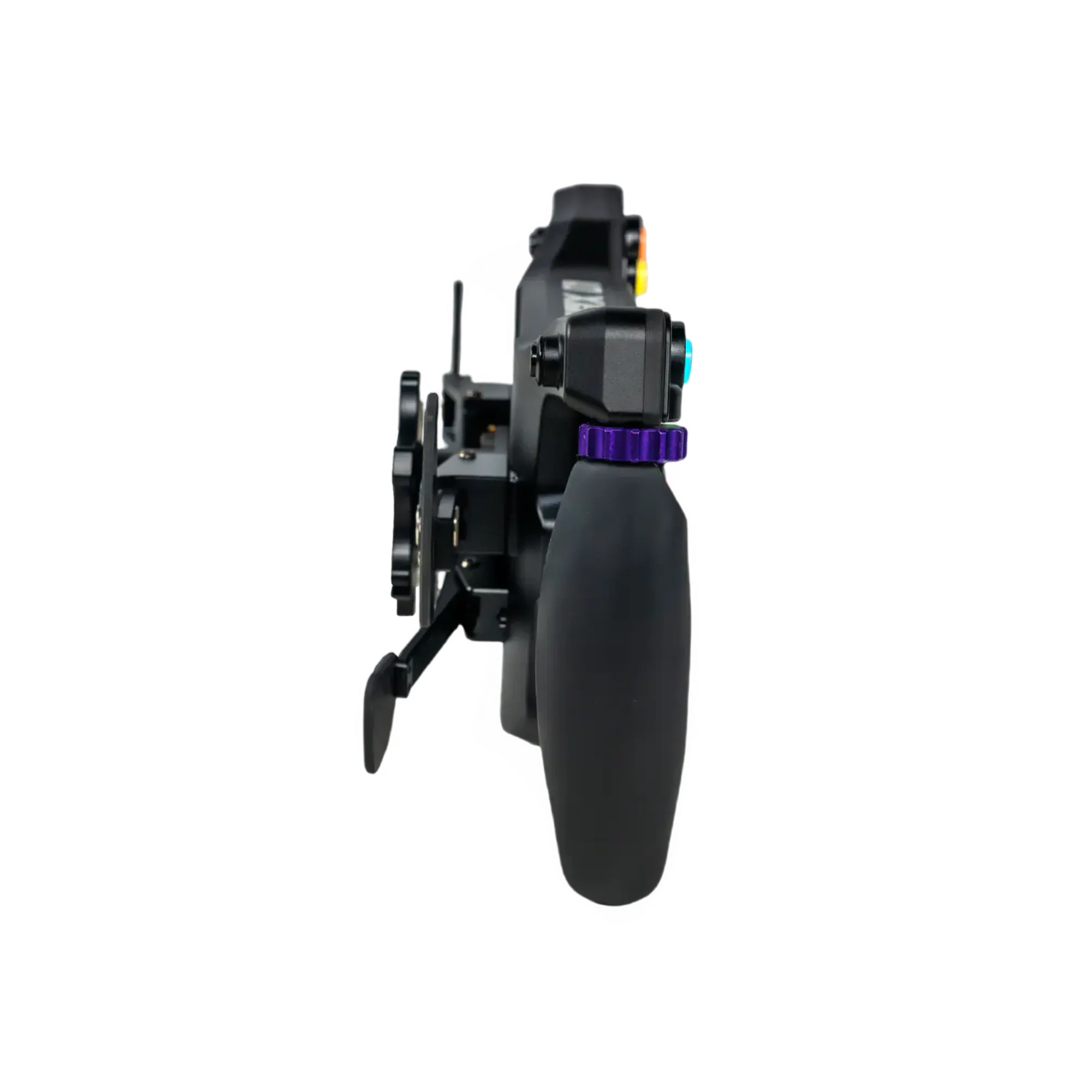 Side view of Conspit MAX 01 sim racing wheel with customizable RGB lighting, dual-clutch paddle, and 4-inch SimHub-compatible display.