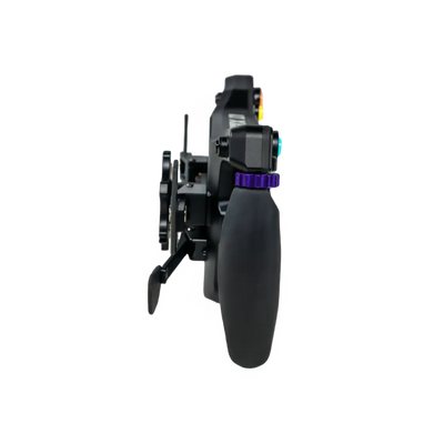 Side view of Conspit MAX 01 sim racing wheel with customizable RGB lighting, dual-clutch paddle, and 4-inch SimHub-compatible display.