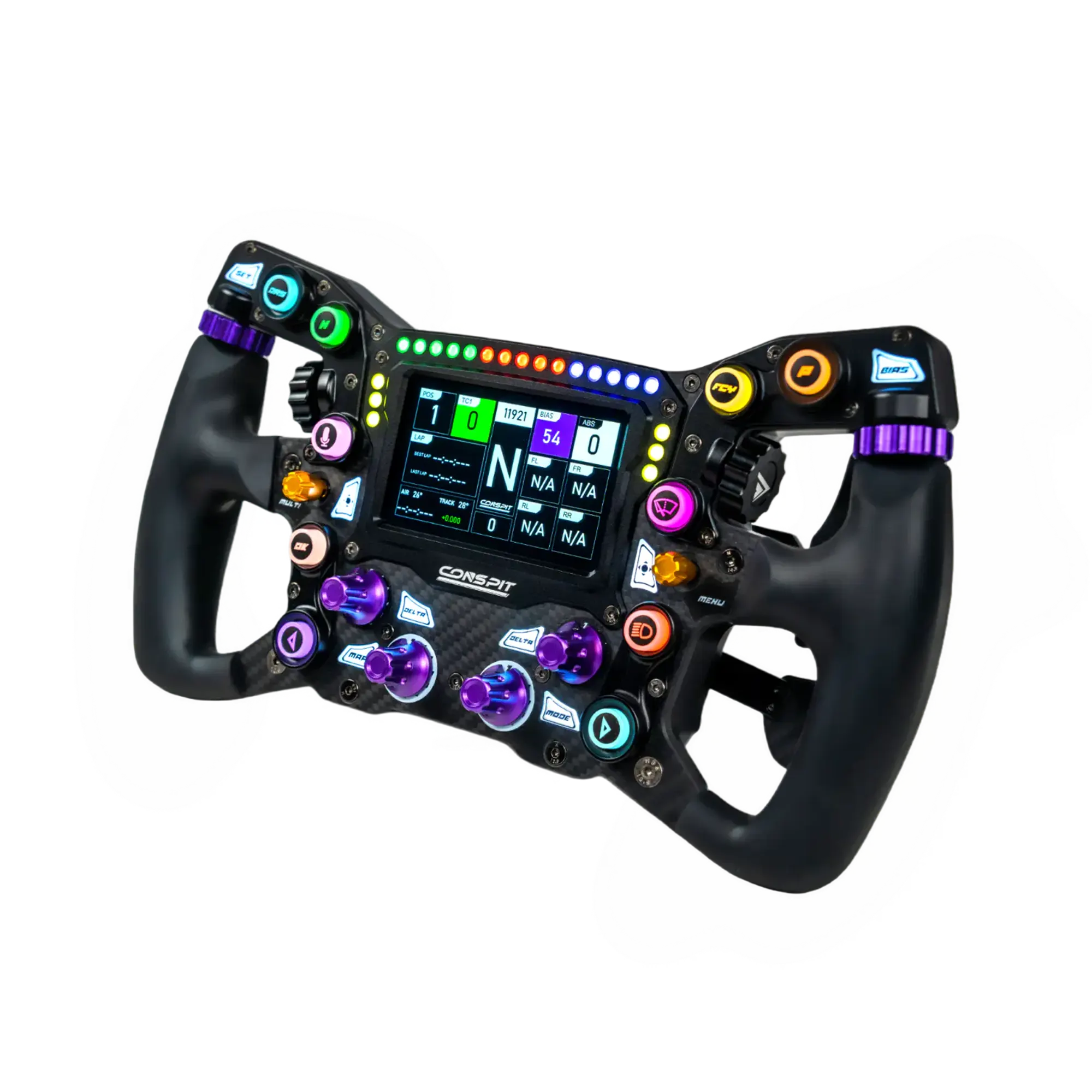 Conspit MAX 01 sim racing wheel with 4-inch display and RGB lighting for serious racers