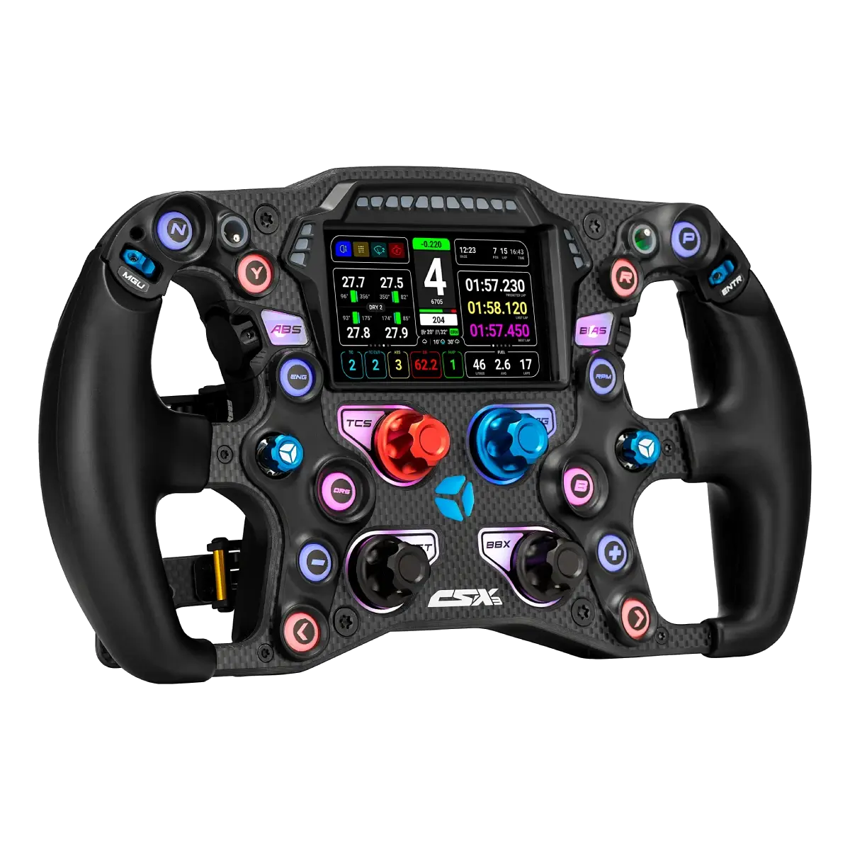 Cube Controls Formula CSX-3 pretekársky volant s LCD dotykovou obrazovkou, USB a Bluetooth, karbónový dizajn, magnetický konektor.