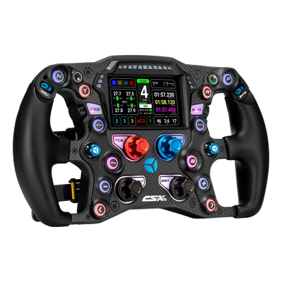 Cube Controls Formula CSX-3 racing wheel with LCD touchscreen, USB and Bluetooth, carbon fiber design, magnetic connector.